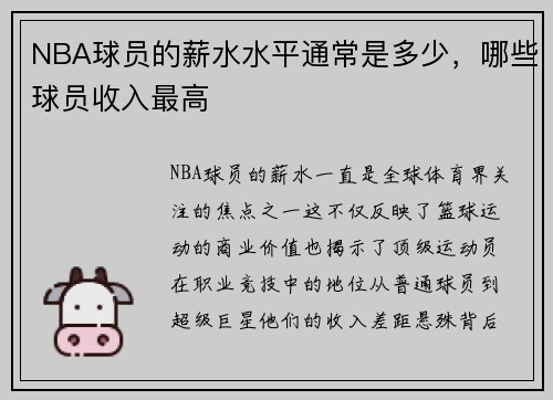 NBA球员的薪水水平通常是多少，哪些球员收入最高